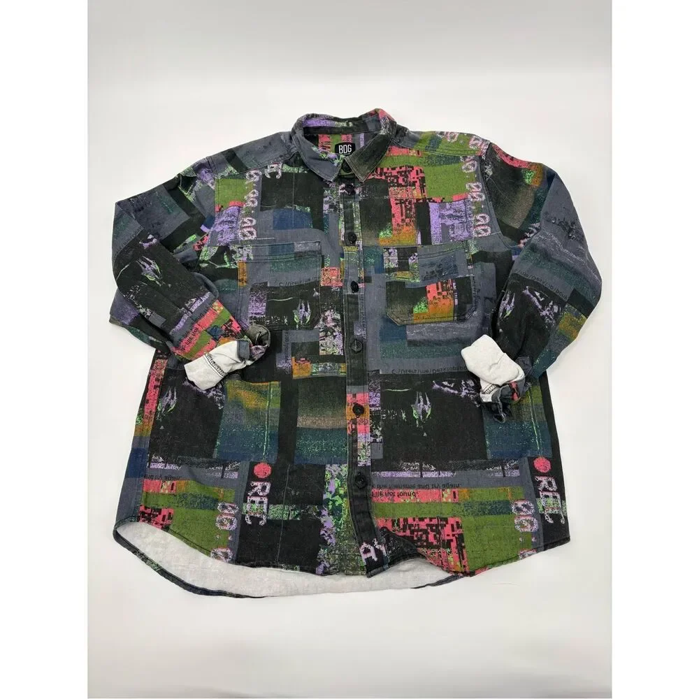 BDG Black Button-Up Shirt with Green, Purple & Pink Graphic Print
